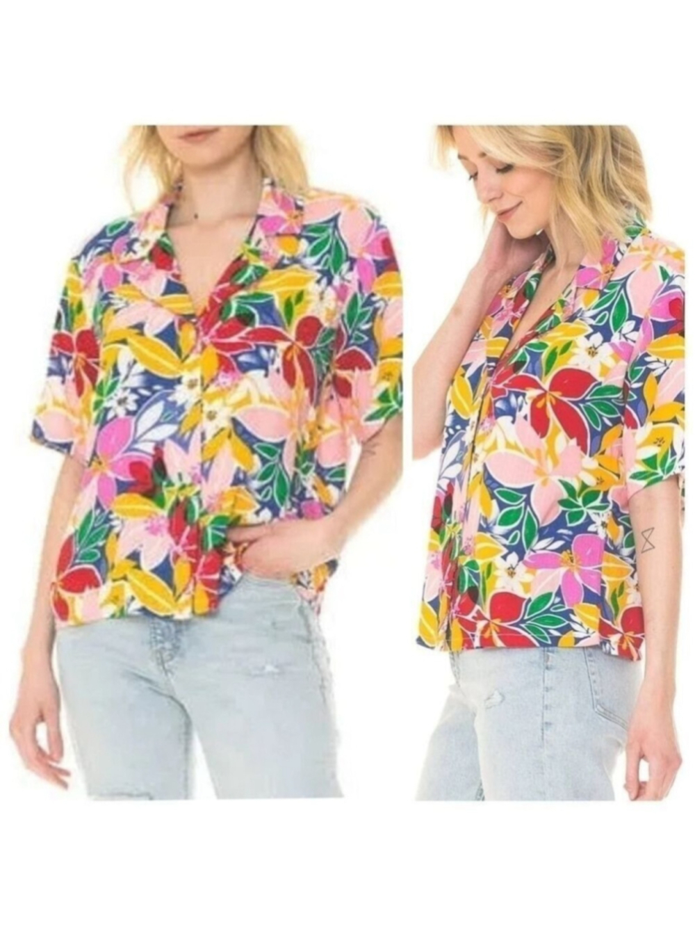 April Kiss Tropical Button Up Top Bold Floral Print Women's Large Linen Blend